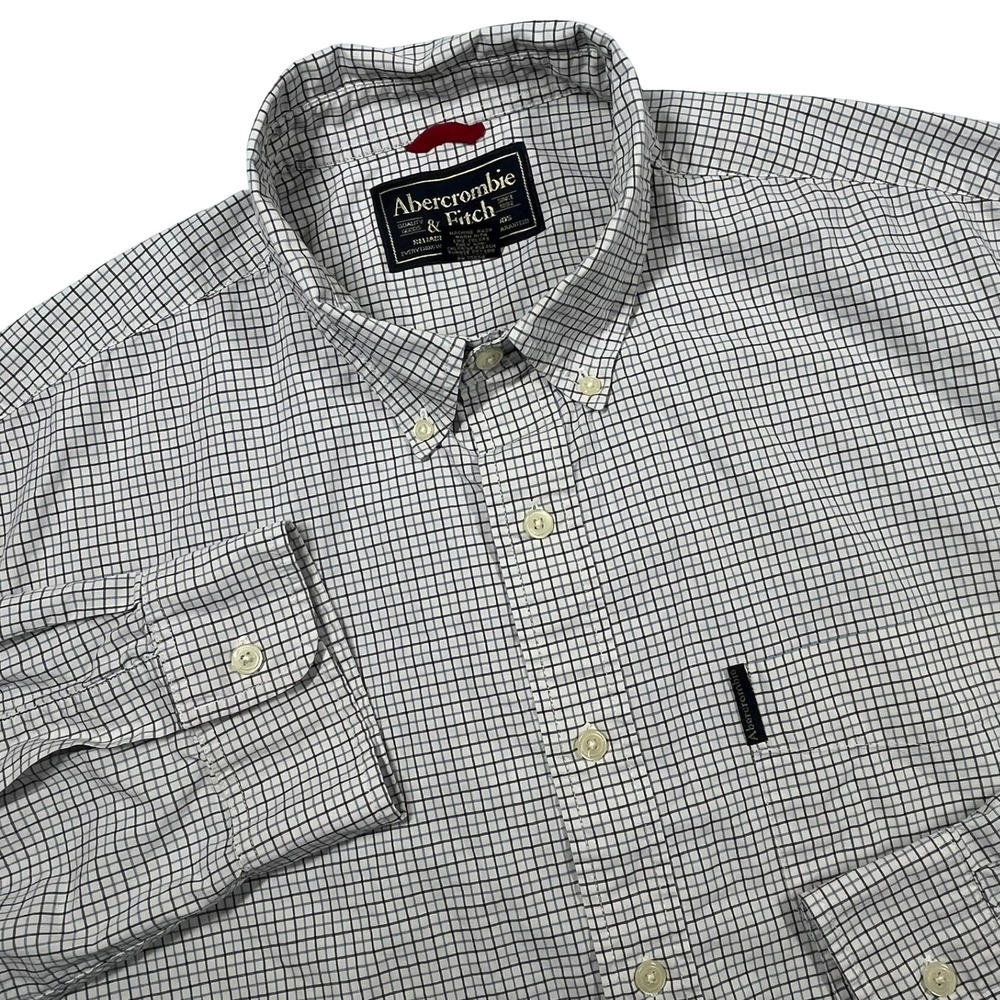 Abercrombie & Fitch Button Down Shirt Mens L White Blue Grid Plaid *Flaw